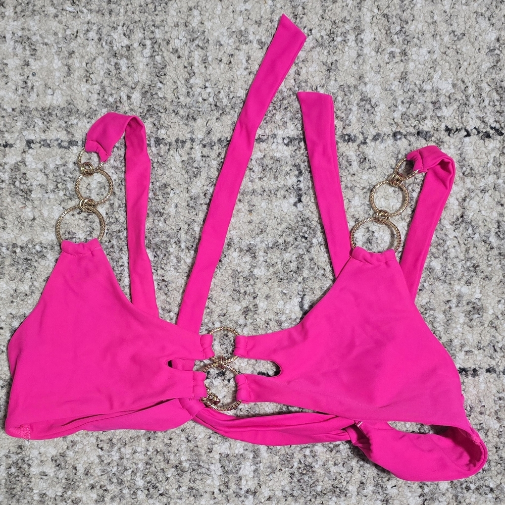 Vibrant Pink Bikini Top with Gold Accents